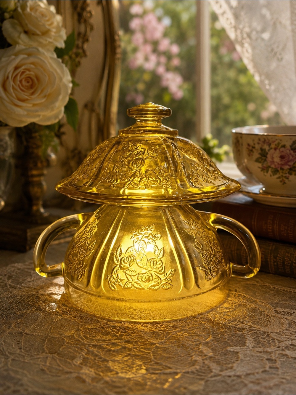 Federal Glass Amber Rose of Sharon Vintage Glass Fairy Lamp